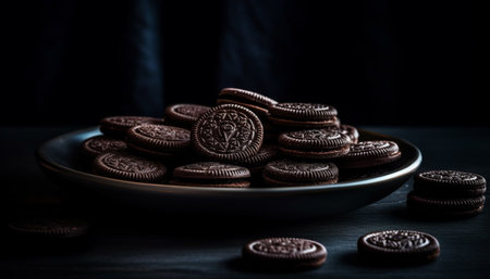 Stack of homemade chocolate chip cookies on rustic wooden table generated by artificial intelligenceの素材