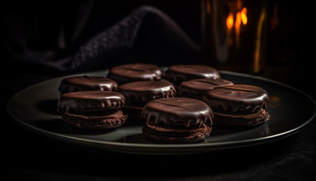 Indulgent homemade dark chocolate dessert on rustic wood plate stack generated by artificial intelligenceの素材