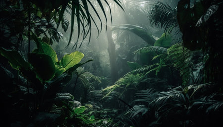 Enchanting tropical rainforest landscape, mysterious animals hiding in the dark generated by artificial intelligenceの素材