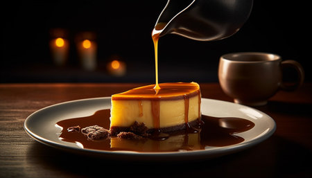 Indulgent cheesecake slice on elegant plate with melting chocolate drizzle generated by artificial intelligenceの素材