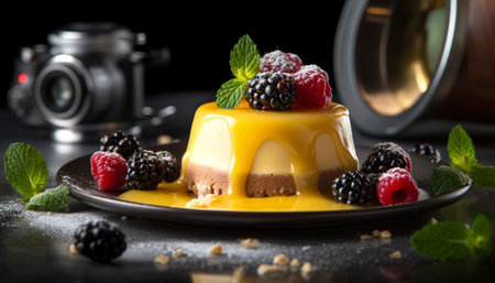 Berry cheesecake with raspberry mousse, chocolate sauce, and mint leaf decoration generated by artificial intelligenceの素材