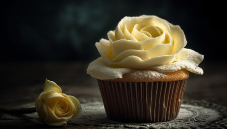 Sweet homemade cupcakes with fresh flower decoration on rustic table generated by artificial intelligenceの素材