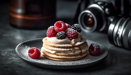 A stack of homemade pancakes with raspberry syrup and fresh berries generated by artificial intelligenceの素材