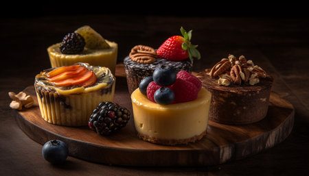 Rustic homemade dessert plate with fresh berry indulgence and chocolate mousse generated by artificial intelligenceの素材