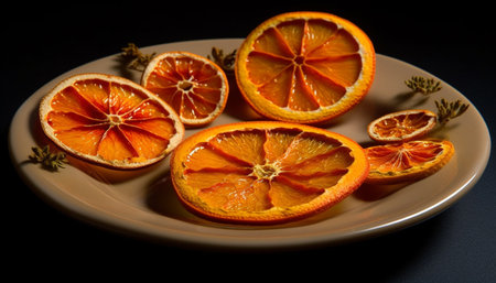 Fresh citrus slices decorate healthy gourmet meal on vibrant plate generated by artificial intelligenceの素材