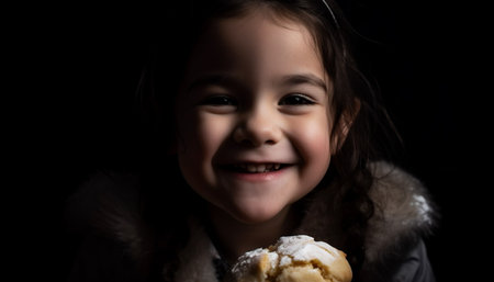Cute Caucasian girl smiling, enjoying sweet chocolate candy in winter night generated by artificial intelligenceの素材