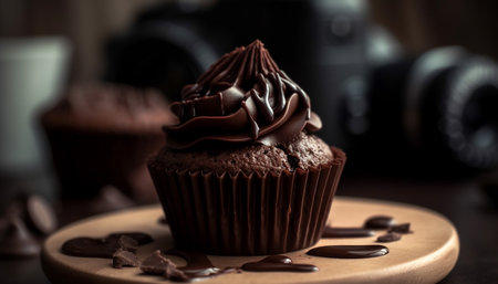 Dark chocolate muffin on wooden table, ready to indulge in generated by artificial intelligenceの素材
