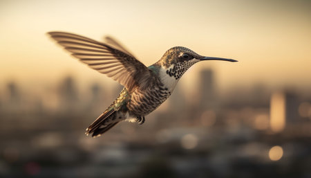 Hummingbird hovering mid air, spread wings, iridescent feathers, beauty in nature generated by artificial intelligenceの素材