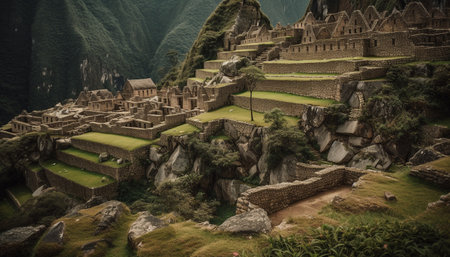 Ancient ruins on terraced fields in Bali, a spiritual adventure generated by artificial intelligenceの素材