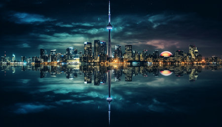 Modern city skyline reflects in blue water at nightfall generated by artificial intelligenceの素材