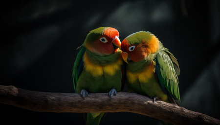 Vibrant macaw perching on branch, feathers multi colored and cute generated by artificial intelligenceの素材