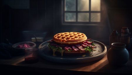 Grilled pork sandwich on ciabatta with bacon, tomato, and salad generated by artificial intelligenceの素材