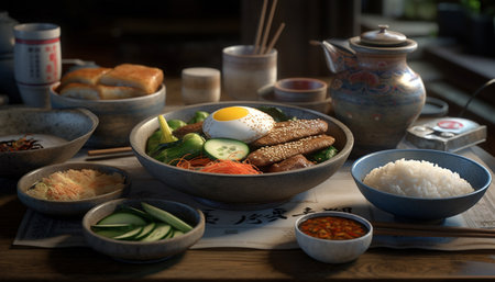 Freshly cooked meal on rustic wooden table with healthy vegetables generated by artificial intelligenceの素材