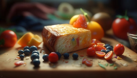 Healthy gourmet meal Grilled tomato and mozzarella fillet on rustic wood plate generated by artificial intelligenceの素材