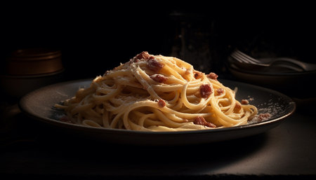 Freshly cooked Italian pasta meal on rustic crockery plate generated by artificial intelligenceの素材