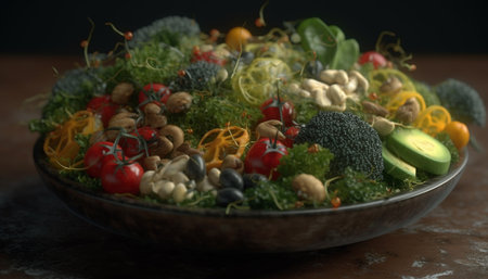 Fresh organic salad bowl with healthy vegetables and seafood appetizer generated by artificial intelligenceの素材