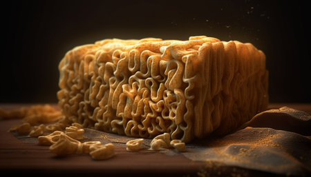 Freshly baked whole wheat pasta, a crunchy indulgence for lunch generated by artificial intelligenceの素材