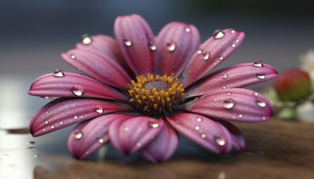 Vibrant gerbera daisy blossom reflects in dewy water drop generated by artificial intelligenceの素材