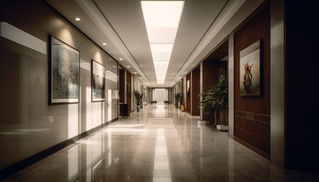 Modern architecture illuminates empty corridor with futuristic glass features generated by artificial intelligenceの素材
