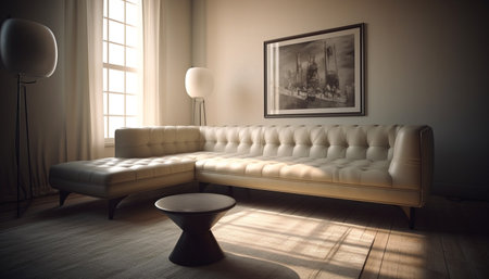 Modern luxury apartment with comfortable sofa, elegant decor and lighting generated by artificial intelligenceの素材
