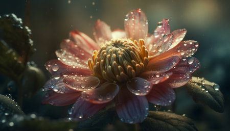 Single flower in wet meadow, dew drop on purple petal generated by artificial intelligenceの素材