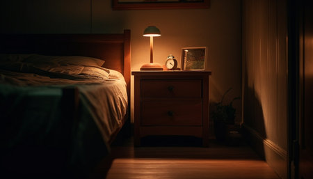 Modern luxury bedroom with comfortable bedding and elegant lighting equipment generated by artificial intelligenceの素材