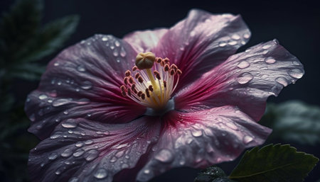 Single purple hibiscus blossom with dew drop in tropical garden generated by artificial intelligenceの素材