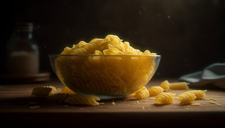 Rustic table displays healthy Italian meal with fresh pasta shapes generated by artificial intelligenceの素材
