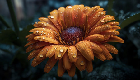 Vibrant gerbera daisy blossom, wet with dew, in green meadow generated by artificial intelligenceの素材