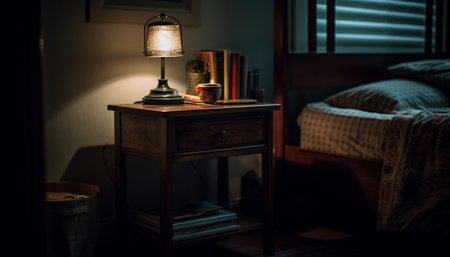 Modern luxury bedroom with antique decor and comfortable bedding illuminated generated by artificial intelligenceの素材