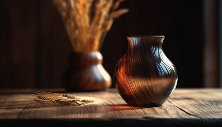 Rustic still life arrangement: pottery jug, wooden bowl, antique vase generated by artificial intelligenceの素材