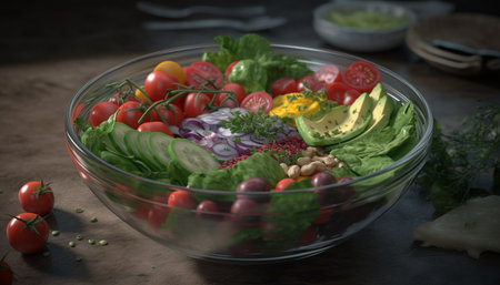 Fresh vegetarian salad bowl with organic ingredients on rustic table generated by artificial intelligenceの素材