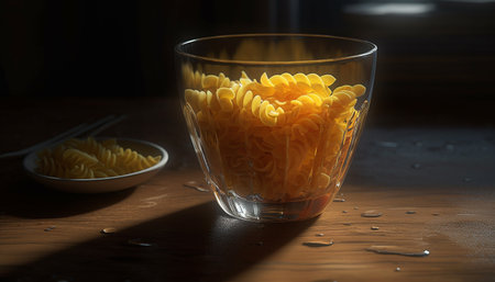 Healthy meal on wooden table with refreshing drink and pasta generated by artificial intelligenceの素材