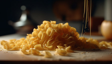 Fresh homemade pasta, a healthy Italian meal on rustic table generated by artificial intelligenceの素材