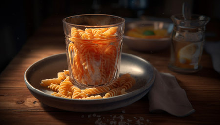 Rustic homemade vegetarian pasta meal on wooden table with freshness generated by artificial intelligenceの素材