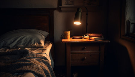 Comfortable bedroom with old fashioned decor and modern lighting equipment generated by artificial intelligenceの素材