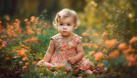 Smiling baby girl enjoys nature beauty in cheerful portrait generated by artificial intelligenceの素材