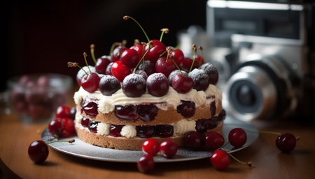 Indulgent homemade berry cheesecake with fresh raspberry and whipped cream generated by artificial intelligenceの素材