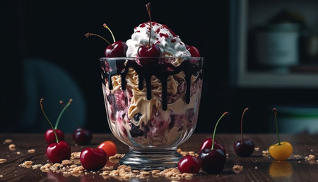 Fresh berry dessert on wooden table, indulgent summer indulgence generated by artificial intelligenceの素材
