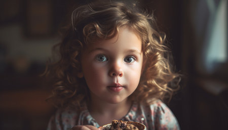 Smiling curly haired toddler enjoying sweet food in cheerful home kitchen generated by artificial intelligenceの素材
