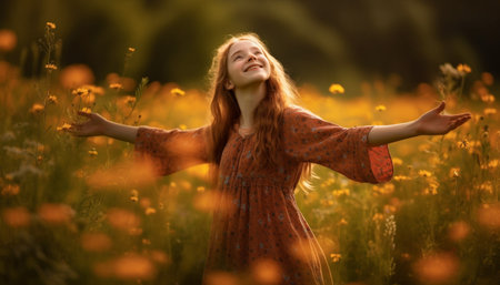 Smiling Caucasian women enjoy carefree leisure in nature beauty generated by artificial intelligenceの素材