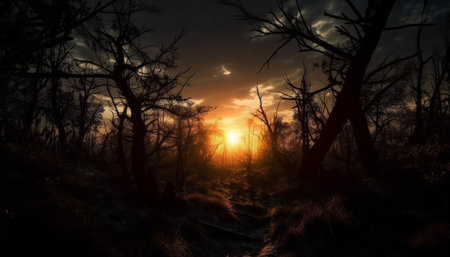 Silhouette of tree back lit by orange sunset in tranquil landscape generated by artificial intelligenceの素材