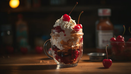 Summer celebration indulgence Fresh berry cocktail with whipped cream and chocolate generated by artificial intelligenceの素材