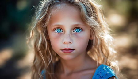 Cute blonde girl smiling, enjoying nature beauty and playful fun generated by artificial intelligenceの素材