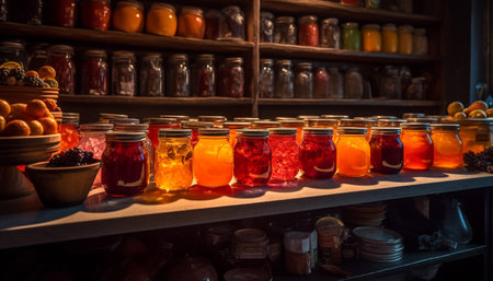 Organic variety in a row, fresh vegetables and fruit abundance generated by artificial intelligenceの素材