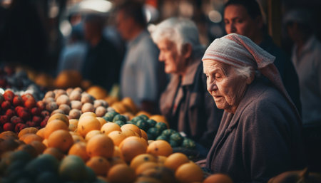 Real people choosing fresh organic fruits and vegetables from market vendors generated by artificial intelligenceの素材