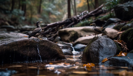 Tranquil scene of water bird perching on branch in forest generated by artificial intelligenceの素材