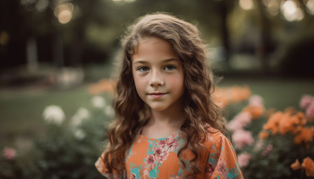 Smiling Caucasian girl enjoys nature beauty in playful summer portrait generated by artificial intelligenceの素材