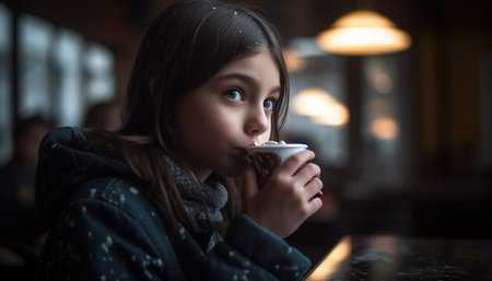Casual woman enjoys hot tea indoors on a winter night generated by artificial intelligenceの素材