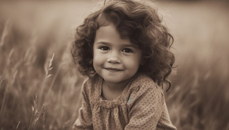 Cute Caucasian child smiling in nature, enjoying carefree childhood play generated by artificial intelligenceの素材